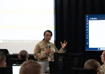Deputy Commanding General Cindy M. Saladin-Muhammad briefs soldiers of the 139th Medical Brigade Headquarters and Headquarters company at Fort Knox, Kentucky July 25, 2024