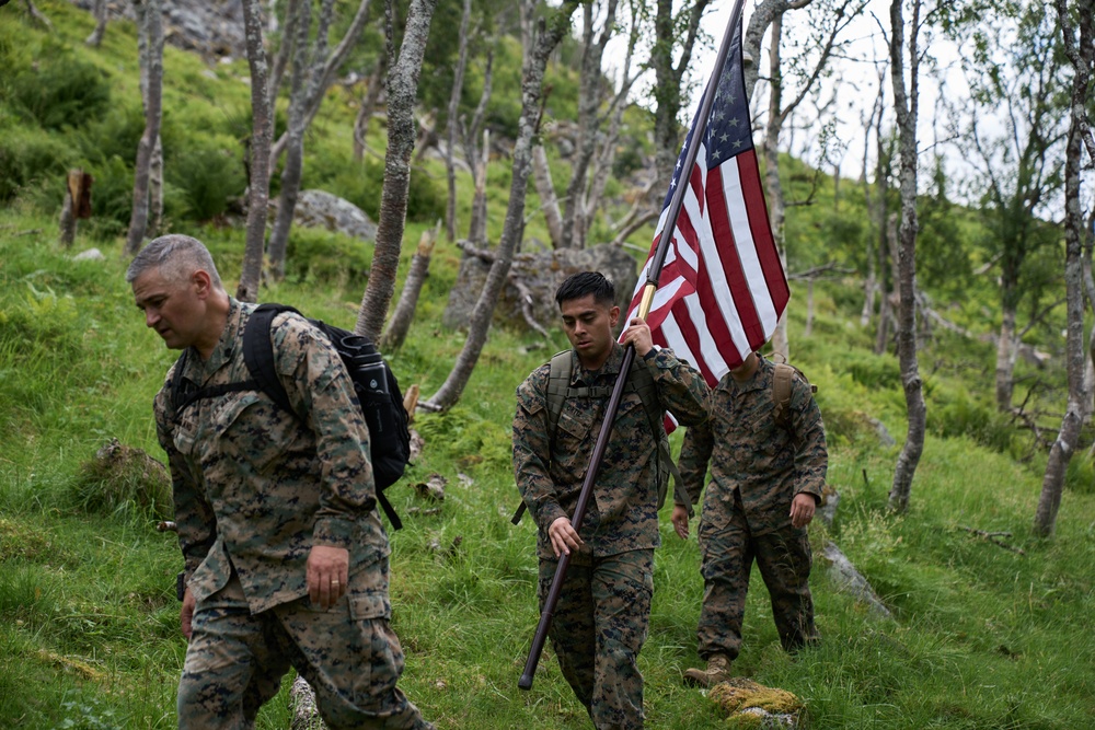 U.S. Marines and Norwegian service members conduct commemorative hike on Grytoya Island