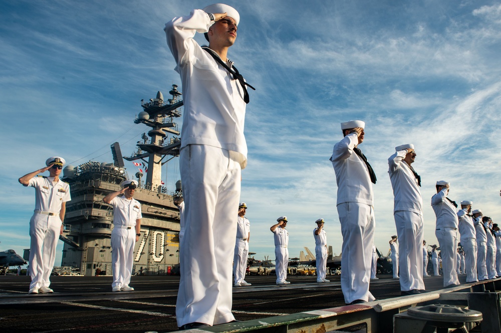 USS Carl Vinson (CVN 70) Sailors Man the Rails during RIMPAC 2024