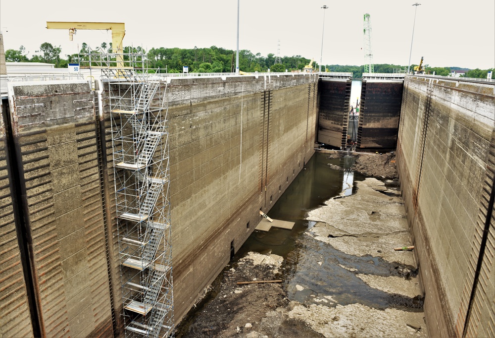 Maintainers drain Old Hickory Lock for inspection and repairs