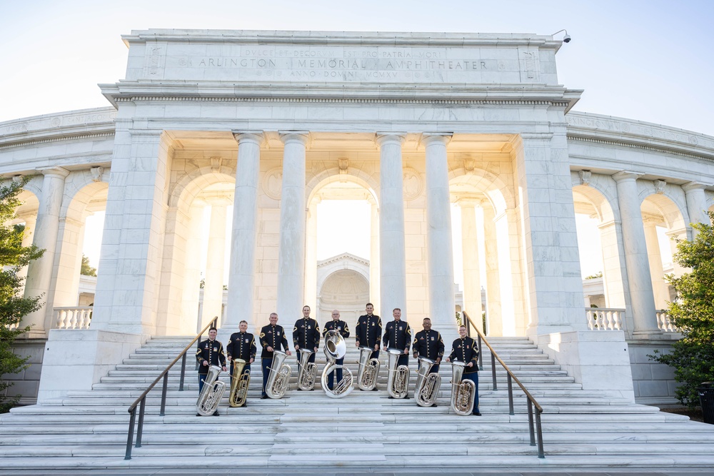 The US Army Band “Pershing’s Own” tuba section takes official photo in Arlington National Cemetery