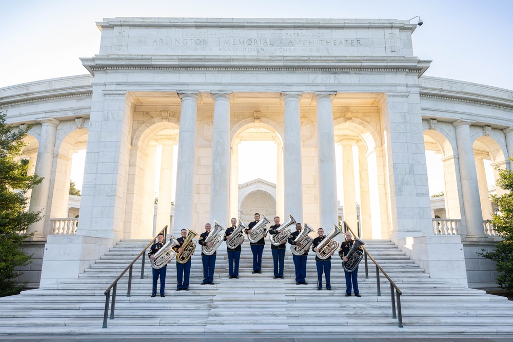 The US Army Band “Pershing’s Own” tuba section takes official photo in Arlington National Cemetery