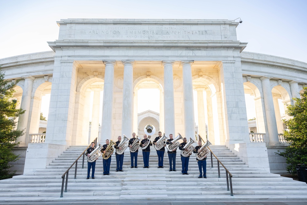 The US Army Band “Pershing’s Own” tuba section takes official photo in Arlington National Cemetery