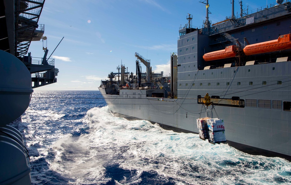 USS Carl Vinson (CVN 70) Conducts a Replenishment-at-Sea During RIMPAC 2024.