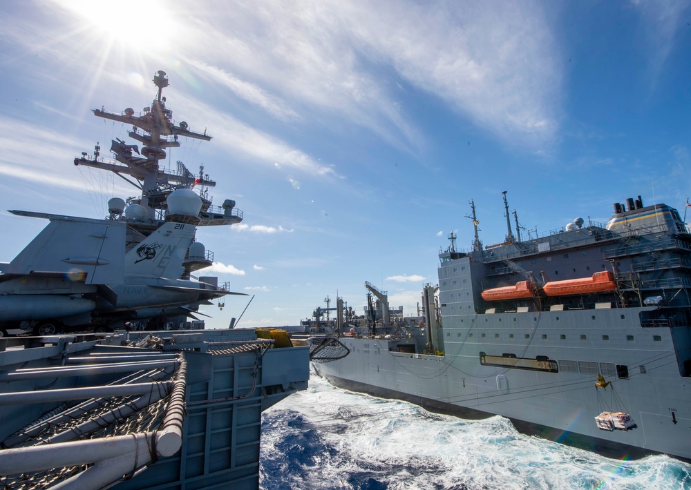 USS Carl Vinson (CVN 70) Conducts a Replenishment-at-Sea During RIMPAC 2024.