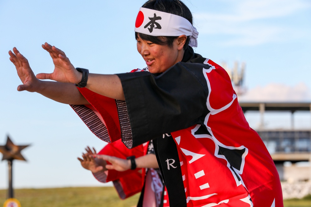 Japanese soldiers perform a cultural demonstration during multilateral peacekeeping exercise Khaan Quest 24