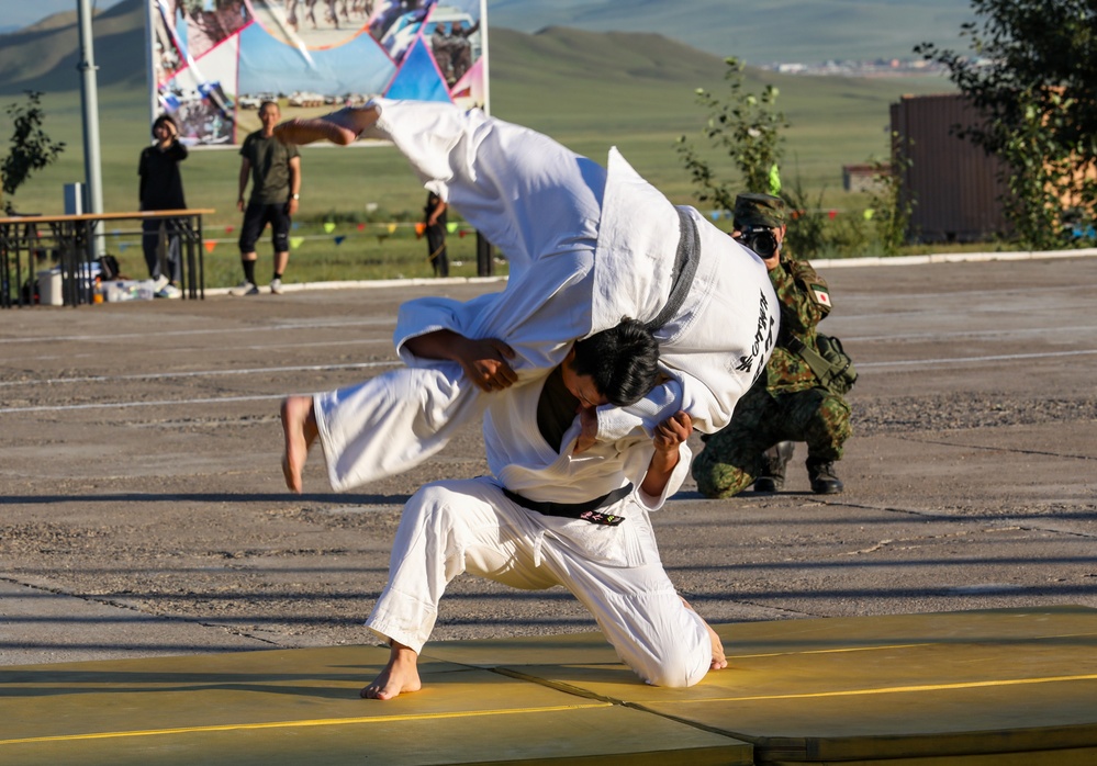 Japanese soldiers perform a cultural demonstration during multilateral peacekeeping exercise Khaan Quest 24