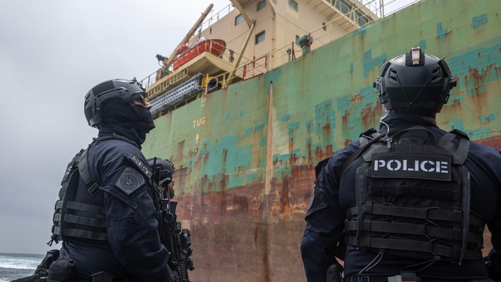 USCG Sector Board Team and CBP conduct a High-Interest Vessel inspection off Long Beach, California