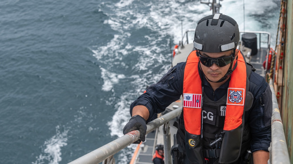 USCG Sector Board Team conducts a High-Interest Vessel inspection off Long Beach, California