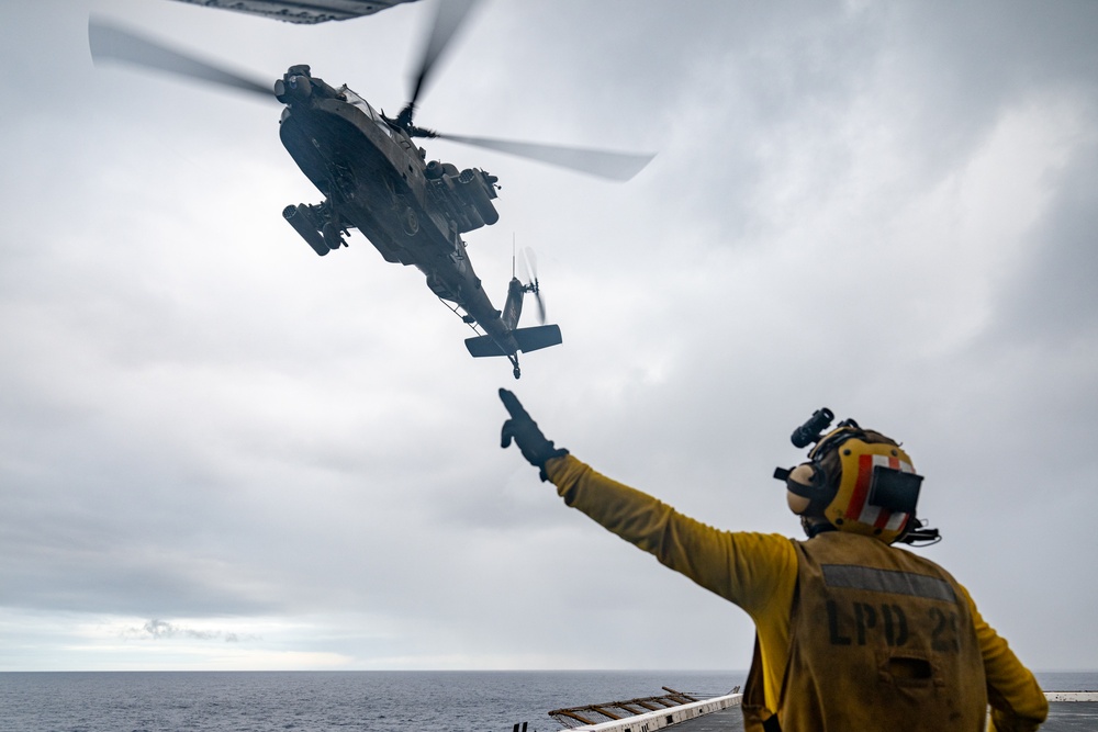 U.S. Army CH-47 Chinook and AH-64 Apache deck landing qualifications aboard USS Somerset