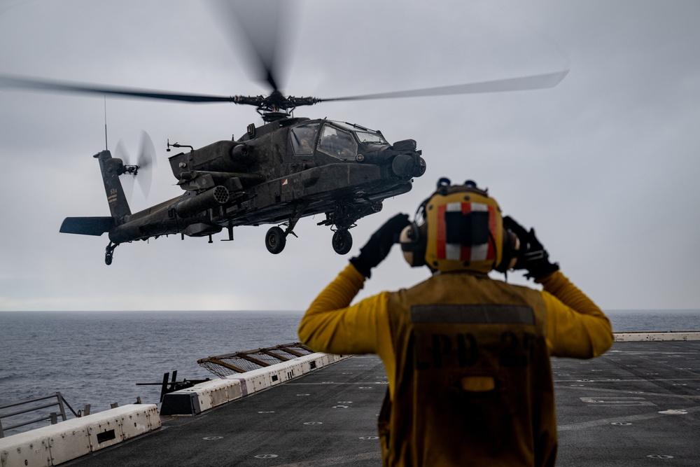 U.S. Army CH-47 Chinook and AH-64 Apache deck landing qualifications aboard USS Somerset