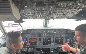 PATTAYA, Thailand, (July 23, 2024) Lt. Robert Rich, right, a pilot assigned to Patrol Squadron (VP-10), conducts training on a P-8A Poseidon with an officer assigned to Royal Thai Navy Air Division 101 Squadron during a static display.