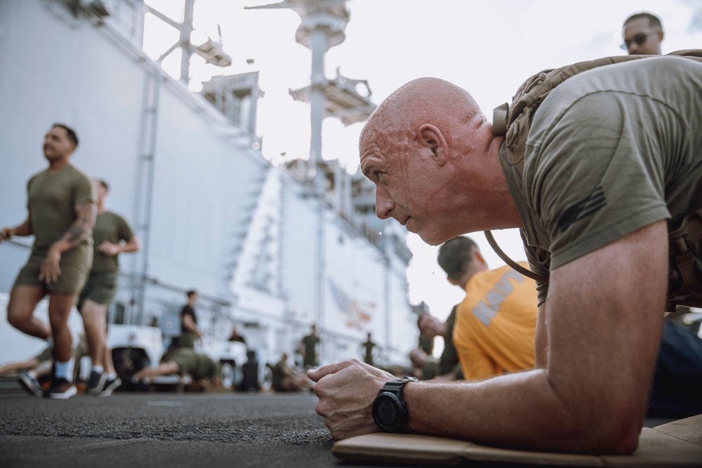 15th MEU Staff NCOs Conduct PT Aboard USS Boxer