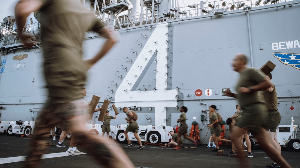 15th MEU Staff NCOs Conduct PT Aboard USS Boxer