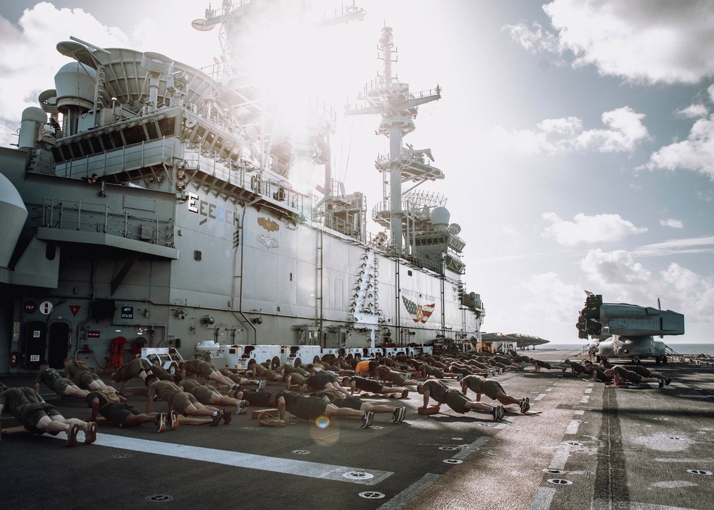 15th MEU Staff NCOs Conduct PT Aboard USS Boxer