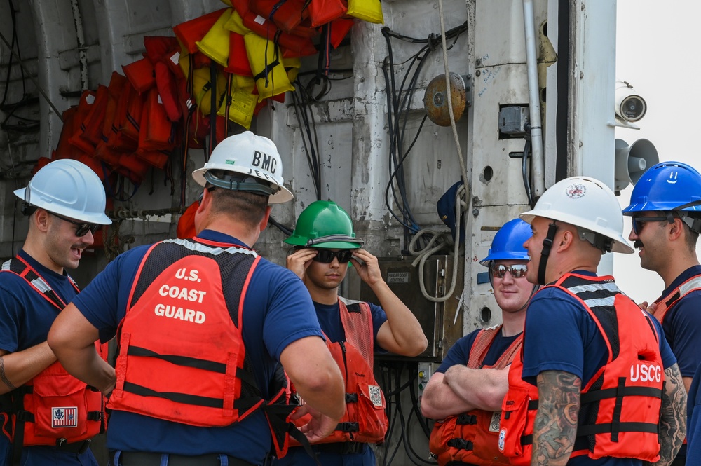 Coast Guard Cutter Northland crew members conduct drills and personnel transfers