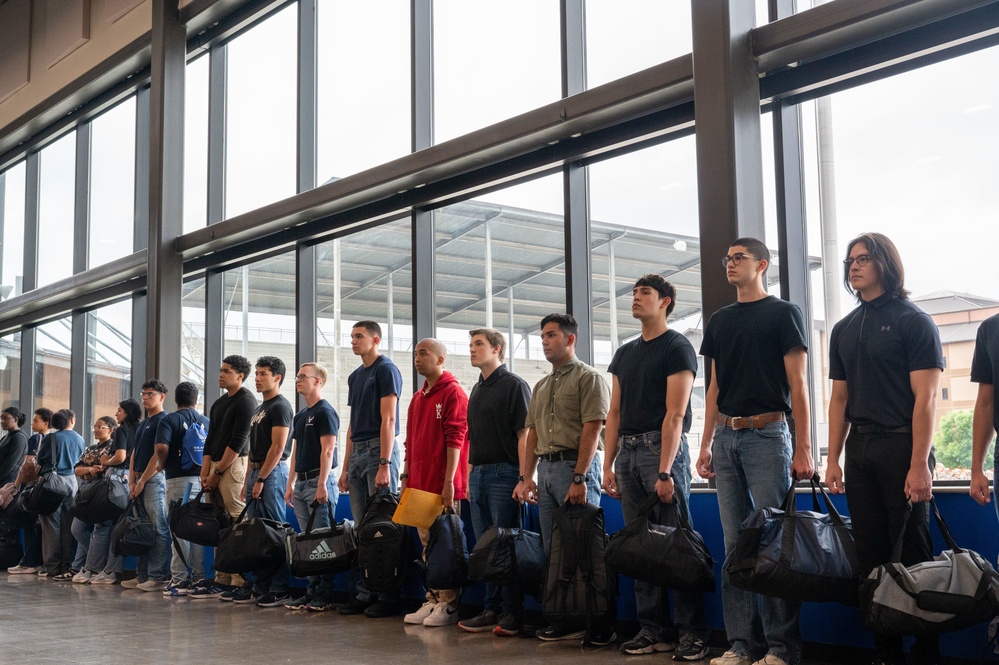 U.S. Air Force Basic Military Training Trainees Line Up and Wait for Instructions