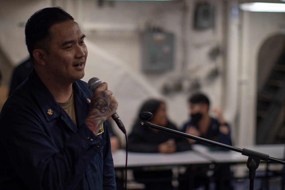 Sailors Sing During Karaoke on USS Tripoli