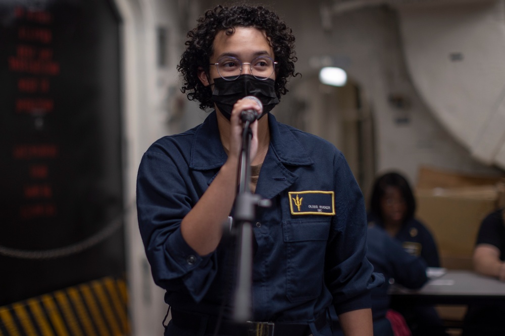 Sailors Sing During Karaoke on USS Tripoli