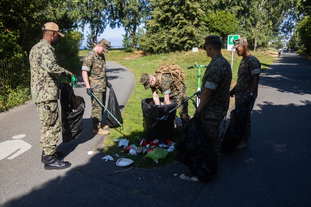 U.S. Marines, Sailors clean up Myrtle Edwards Park during Seafair