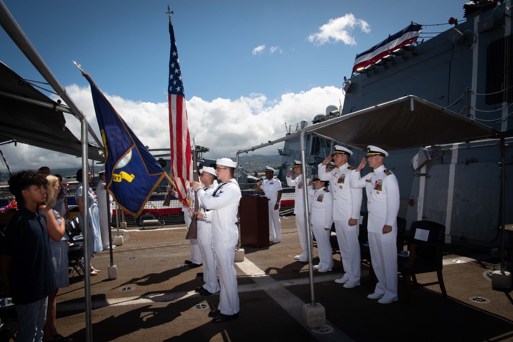 Sailors Aboard Arleigh Burke-Class Guided-Missile Destroyer USS Kidd (DDG 100) Parade the Colors During a Change of Command Ceremony