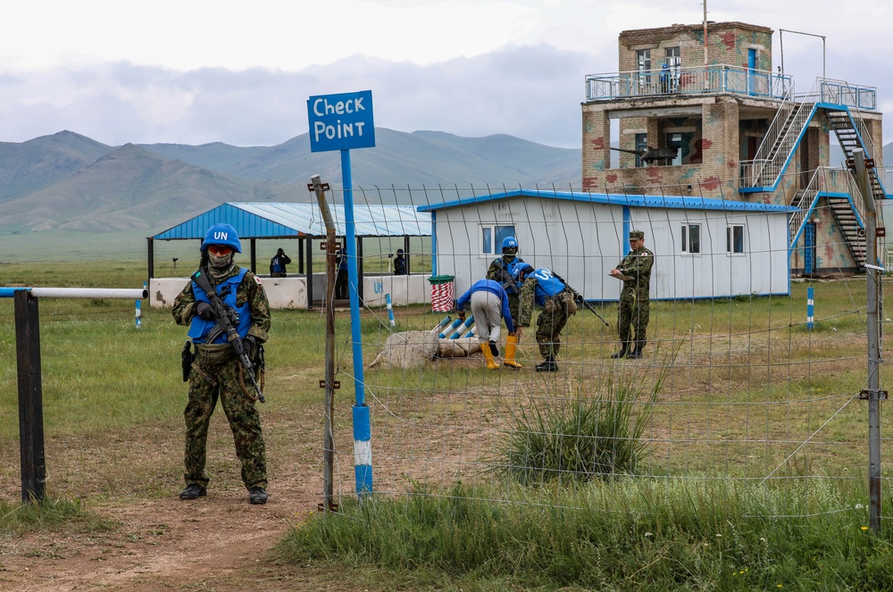 Japanese Defense Force soldiers conduct security at a U.N. designated site during multilateral peacekeeping exercise Khaan Quest 24