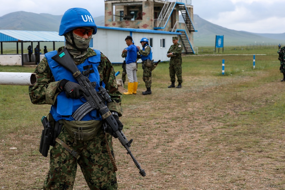 Japanese Defense Force soldiers conduct security at a U.N. designated site during multilateral peacekeeping exercise Khaan Quest 24