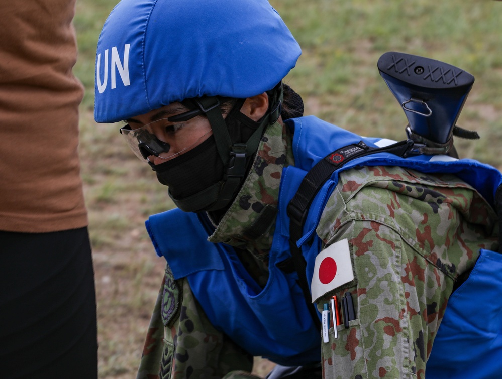 Japanese Defense Force soldiers conduct security at a U.N. designated site during multilateral peacekeeping exercise Khaan Quest 24