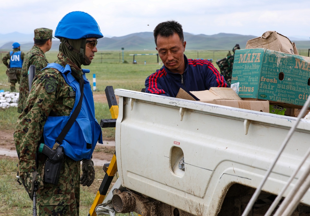 Japanese Defense Force soldiers conduct security at a U.N. designated site during multilateral peacekeeping exercise Khaan Quest 24