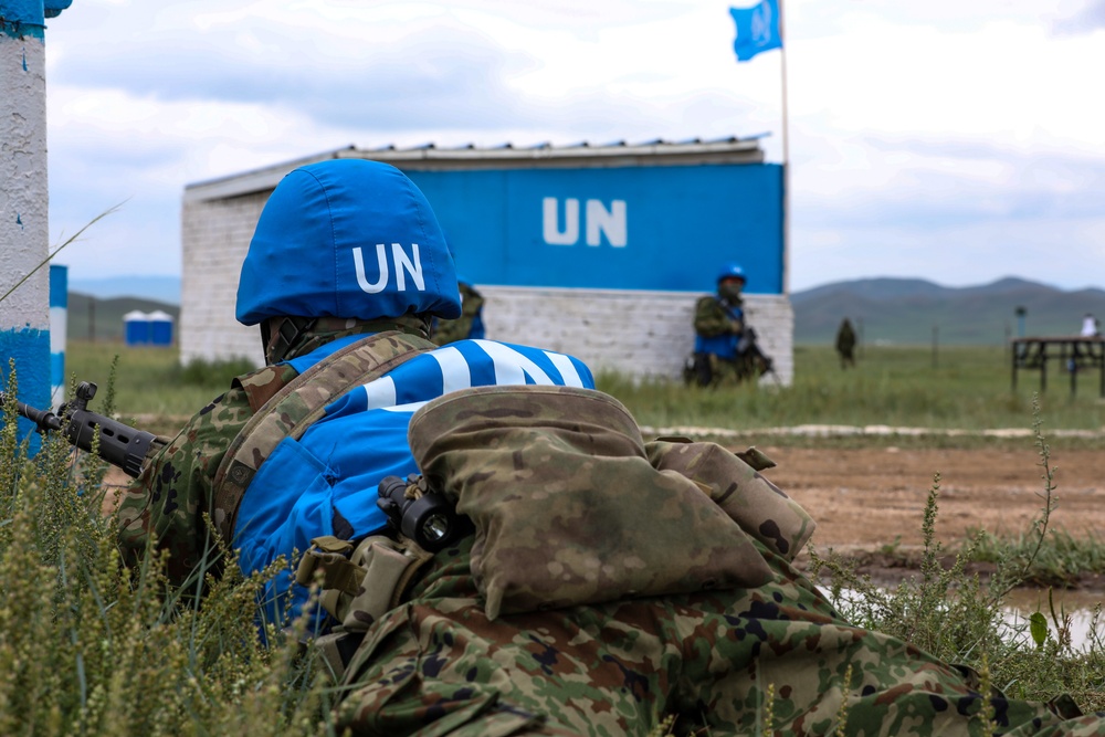 Japanese Defense Force soldiers conduct security at a U.N. designated site during multilateral peacekeeping exercise Khaan Quest 24