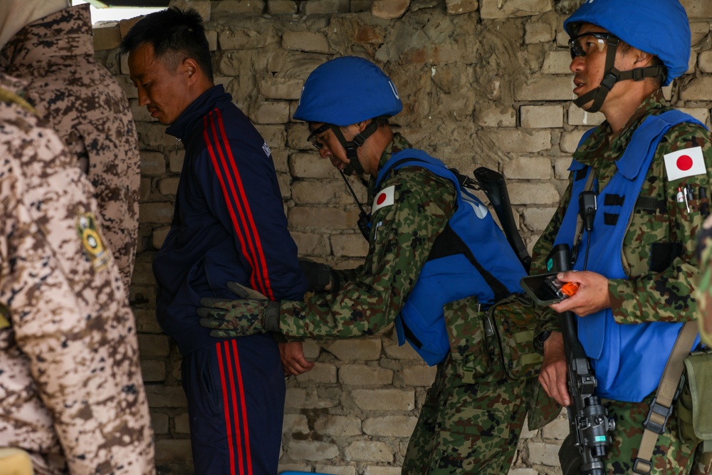 Japanese Defense Force soldiers conduct security at a U.N. designated site during multilateral peacekeeping exercise Khaan Quest 24