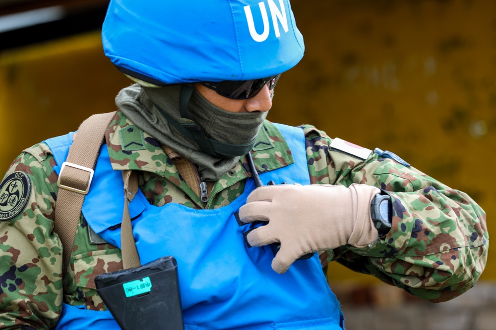 Japanese Defense Force soldiers conduct security at a U.N. designated site during multilateral peacekeeping exercise Khaan Quest 24