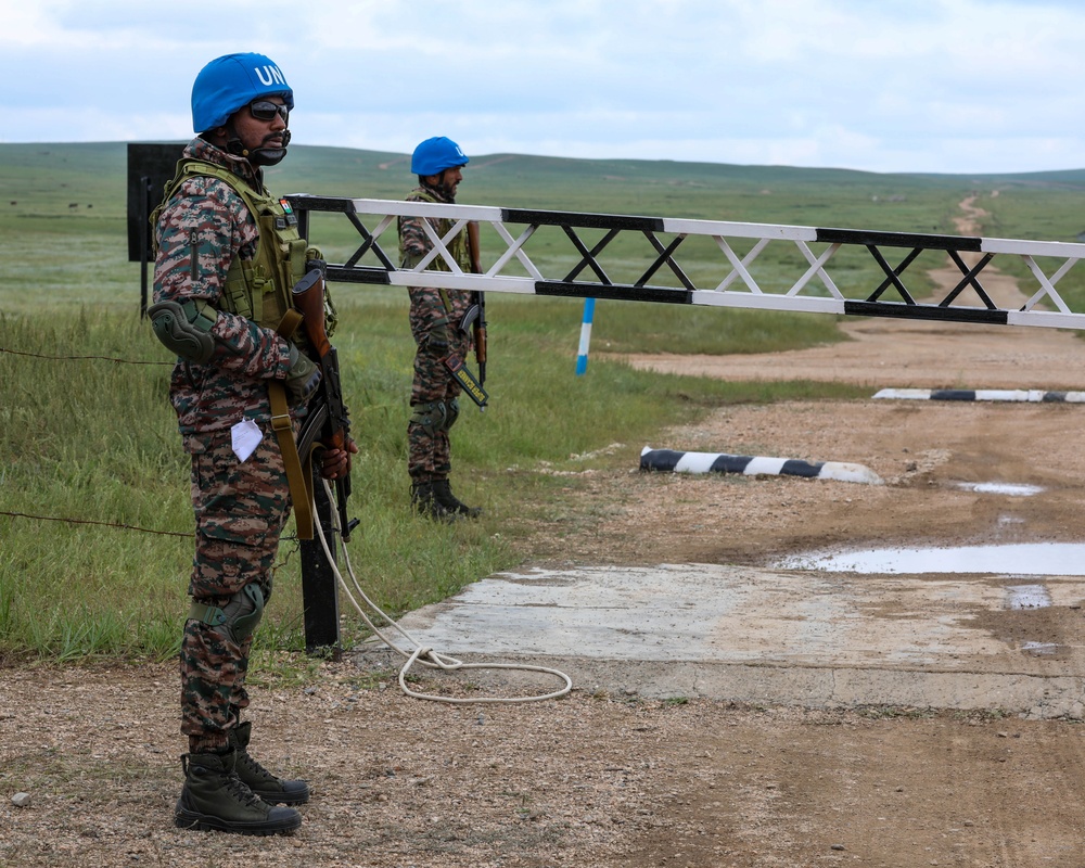 Indian soldiers conduct check point operations during multilateral peacekeeping exercise Khaan Quest 24