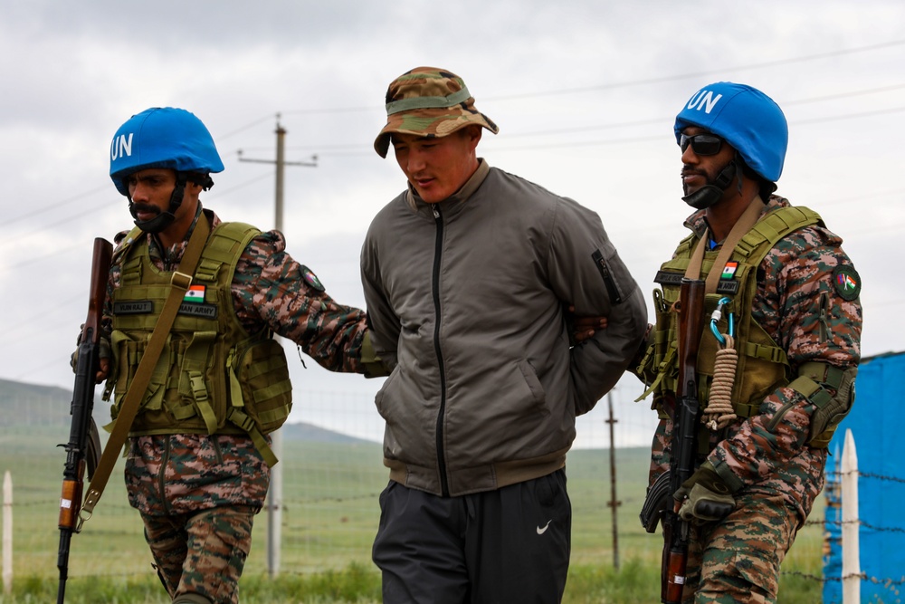 Indian soldiers conduct check point operations during multilateral peacekeeping exercise Khaan Quest 24