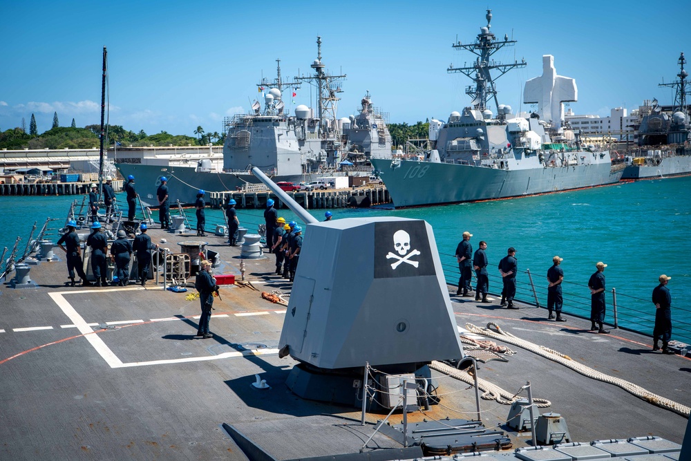 Arleigh Burke-Class Guided-Missile Destroyer USS Kidd (DDG 100) Departs Pearl Harbor During RIMPAC 2024