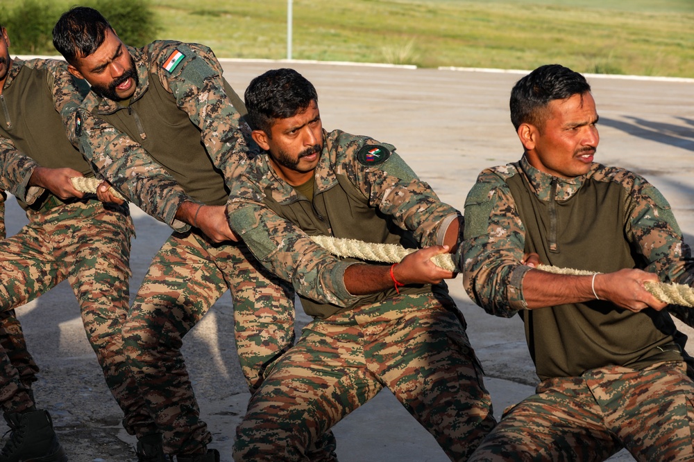 Pacific nations compete in a tug of war competition during multilateral peacekeeping exercise Khaan Quest 24