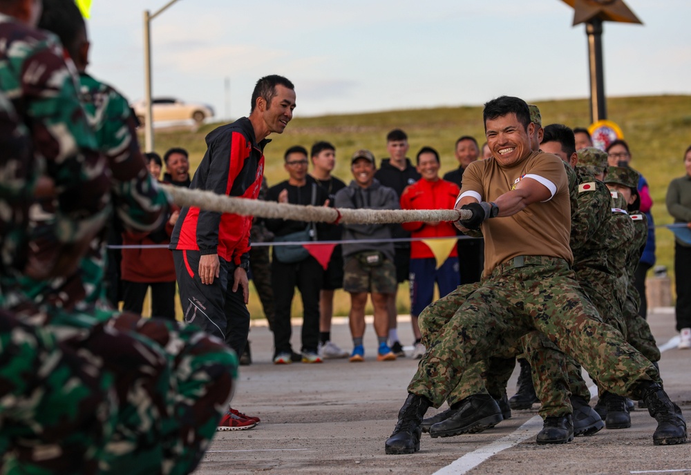 Pacific nations compete in a tug of war competition during multilateral peacekeeping exercise Khaan Quest 24