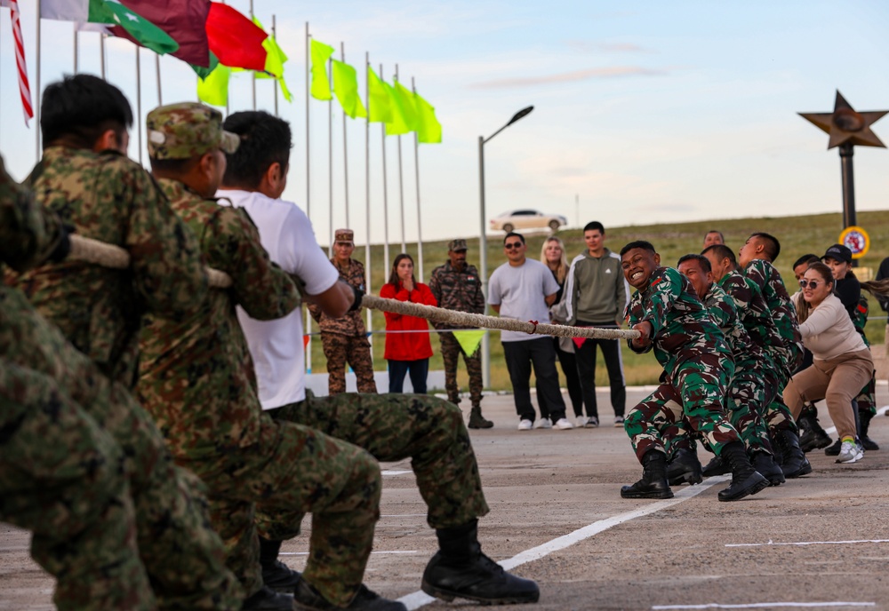 Pacific nations compete in a tug of war competition during multilateral peacekeeping exercise Khaan Quest 24
