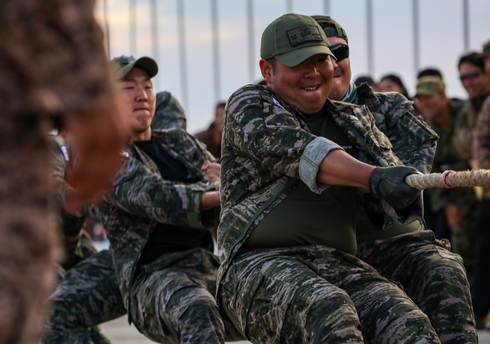 Pacific nations compete in a tug of war competition during multilateral peacekeeping exercise Khaan Quest 24