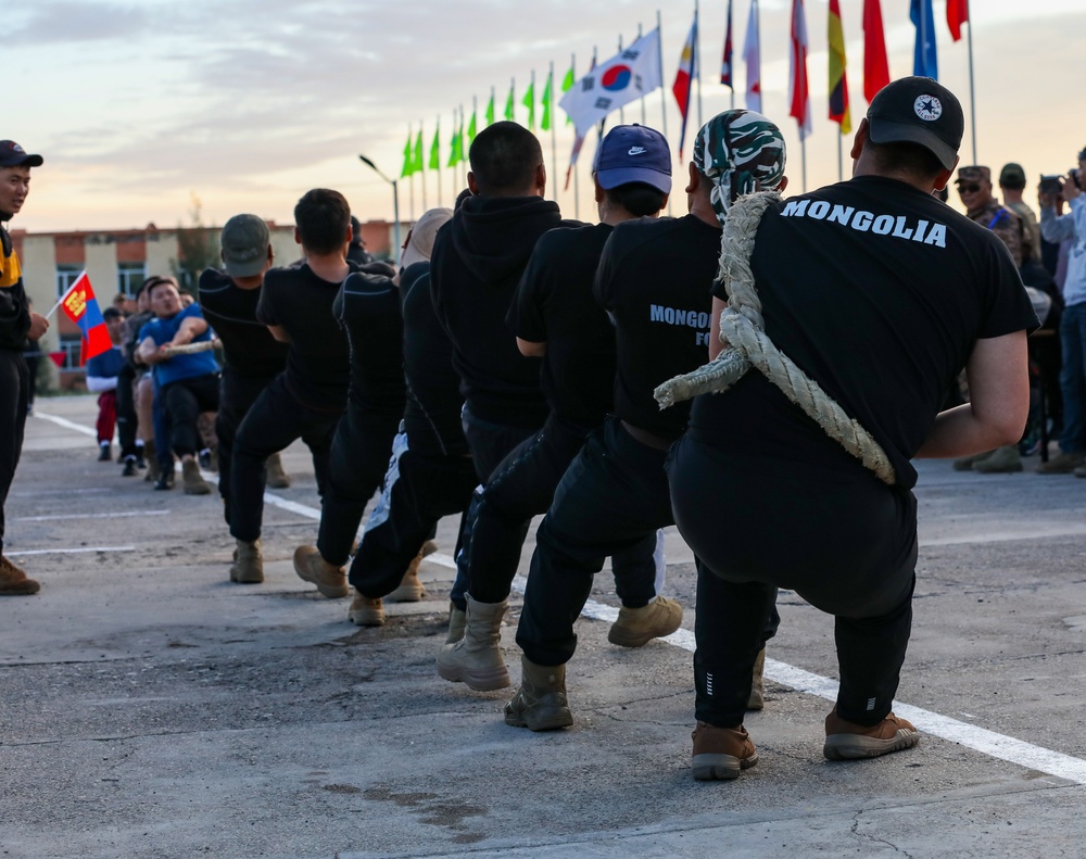 Pacific nations compete in a tug of war competition during multilateral peacekeeping exercise Khaan Quest 24