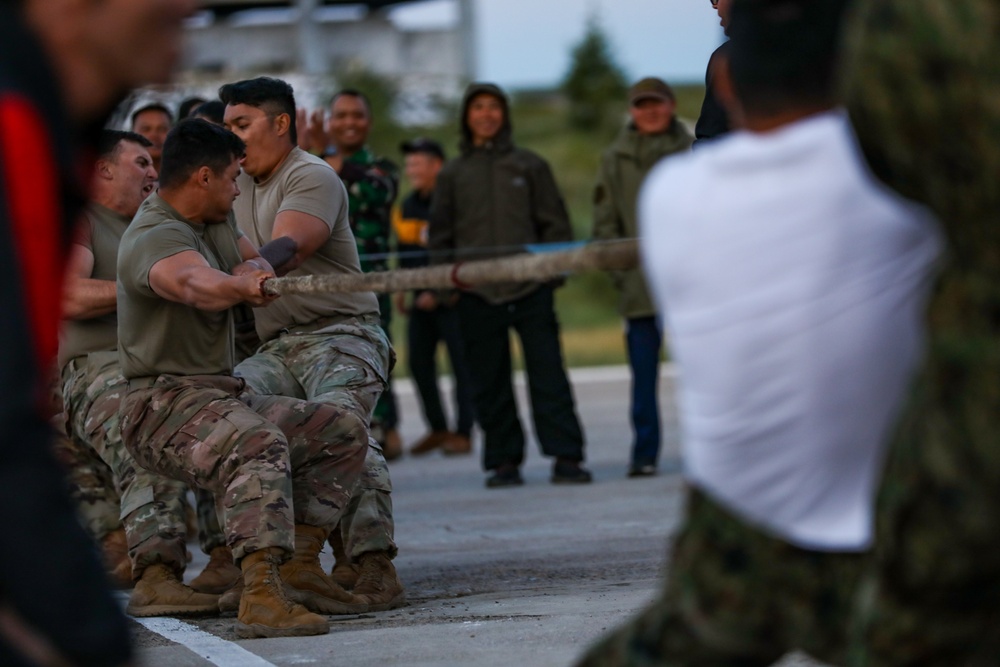 Pacific nations compete in a tug of war competition during multilateral peacekeeping exercise Khaan Quest 24