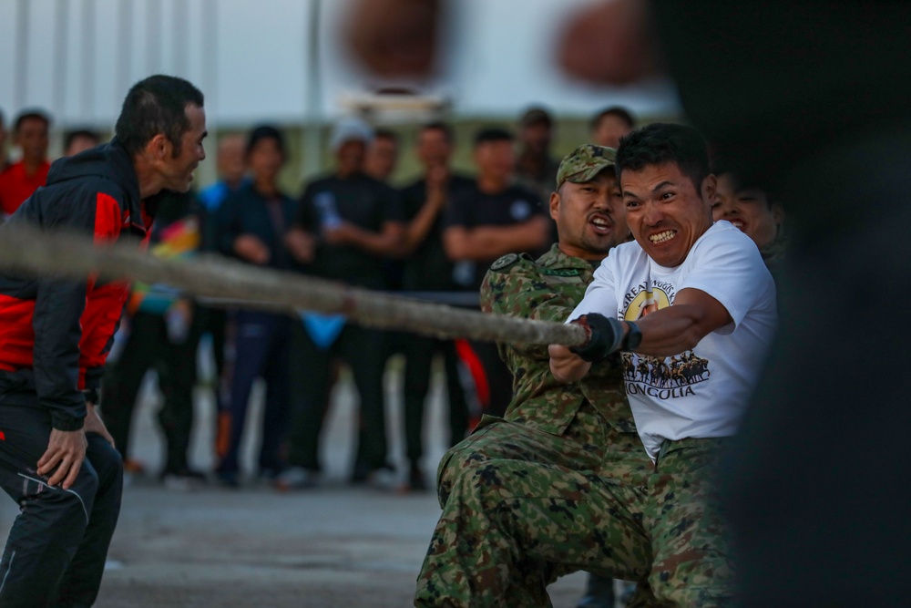 Pacific nations compete in a tug of war competition during multilateral peacekeeping exercise Khaan Quest 24