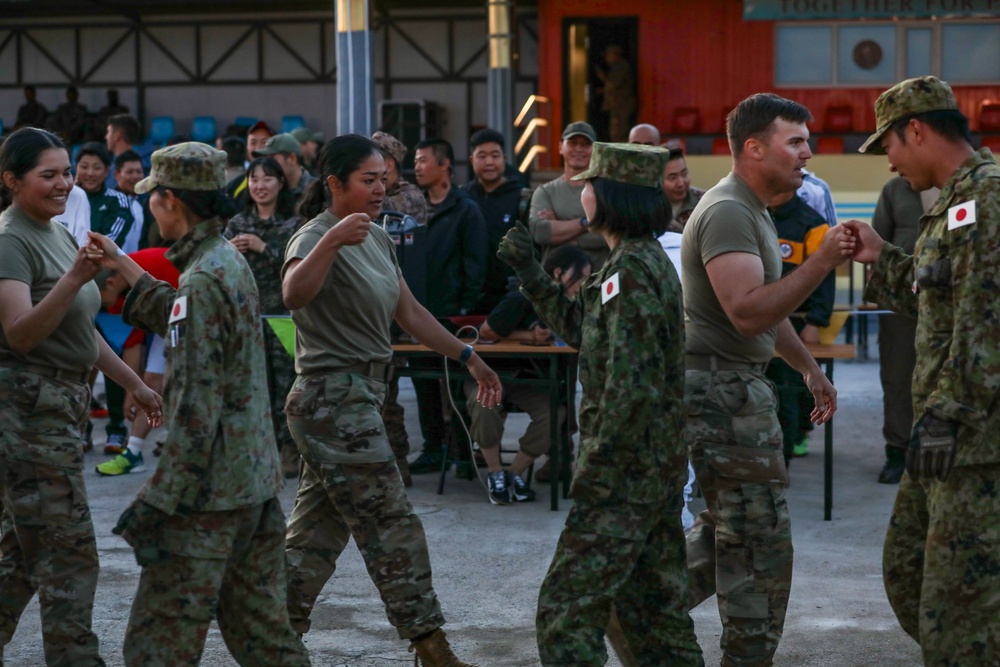 Pacific nations compete in a tug of war competition during multilateral peacekeeping exercise Khaan Quest 24