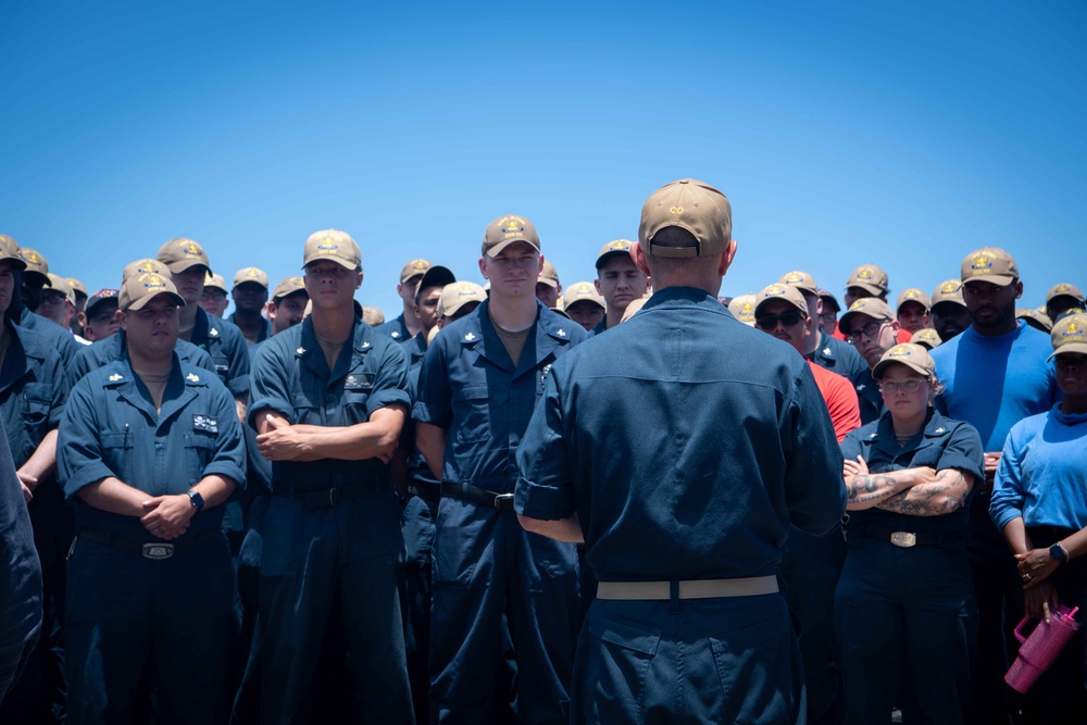 Cmdr. Kevin Pilcher, Commanding Officer of Arleigh Burke-Class Guided-Missile Destroyer USS Kidd (DDG 100) Addresses the Crew at an All-hands Call