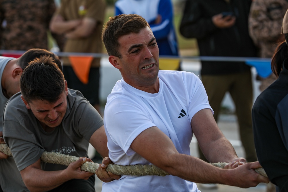 Pacific nations compete in a tug of war competition during multilateral peacekeeping exercise Khaan Quest 24