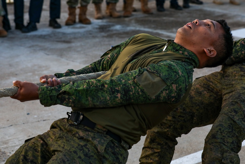 Pacific nations compete in a tug of war competition during multilateral peacekeeping exercise Khaan Quest 24