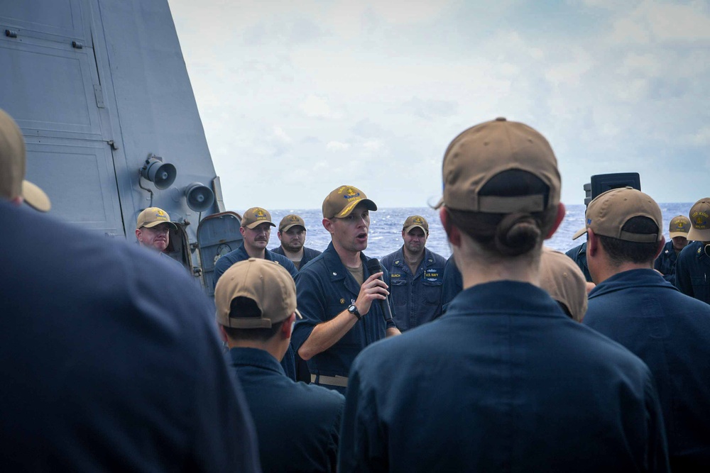 Cmdr. Kevin Pilcher, Commanding Officer of Arleigh Burke-Class Guided-Missile Destroyer USS Kidd (DDG 100) Addresses the Crew at an All-hands Call