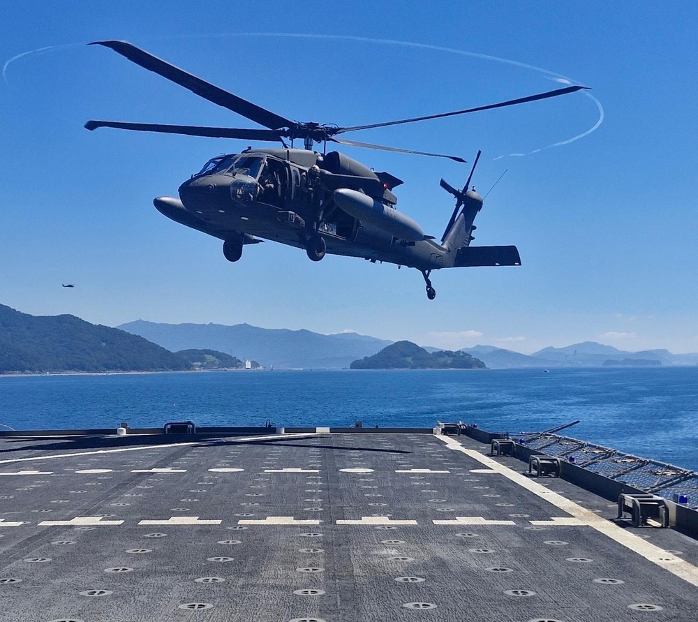 U.S. Army Assault Helicopters Conduct Deck Landings on USNS Sacagawea