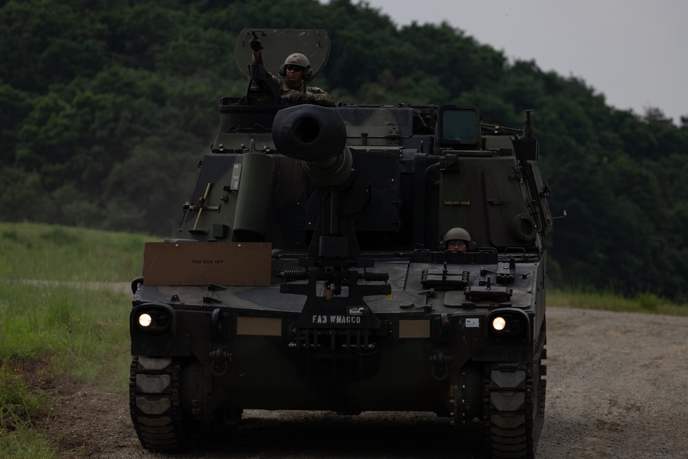 1st Armored Brigade Combat Team conduct M109A6 Paladin zeroing qualification tables during Operation Pacific Fortitude