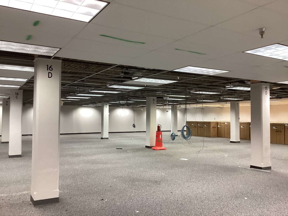 An empty office space in the Air Force Materiel Command headquarters building undergoes construction.